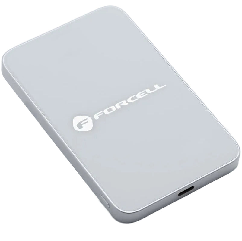 Zewnętrzna bateria bezprzewodowa Forcell F5K8, 5000mAh, 15W, PD + FQI, 1 x QI - 1 x USB-C, Biała