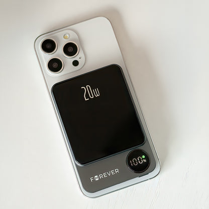 Zewnętrzna bateria bezprzewodowa Forever MATB-200, 5000mAh, 20W, PD + FQI, 1 x QI - 1 x USB-C, Czarna