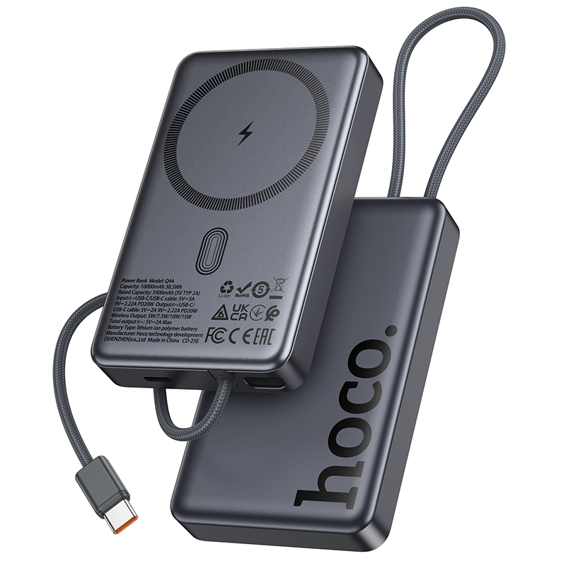 Bezprzewodowy powerbank HOCO Q44, 10000mAh, 20W, PD + FQI, 1 x QI - 2 x USB-C, Szary