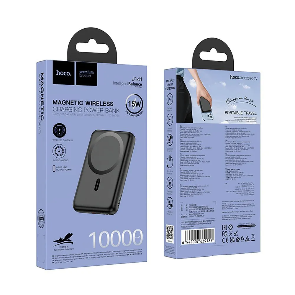 Zewnętrzna bateria bezprzewodowa HOCO J141, 10000mAh, 20W, PD + FQI, 1 x QI - 1 x USB-C, Czarna