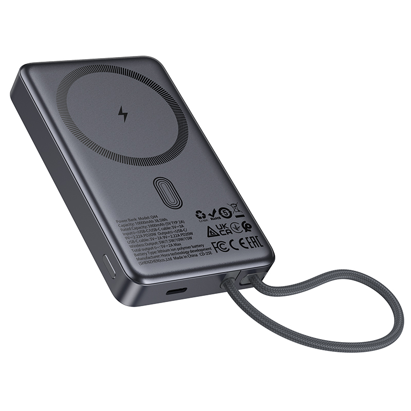 Bezprzewodowy powerbank HOCO Q44, 10000mAh, 20W, PD + FQI, 1 x QI - 2 x USB-C, Szary