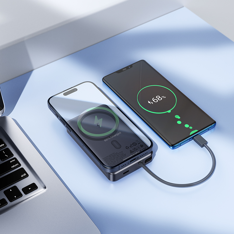Bezprzewodowy powerbank HOCO Q44, 10000mAh, 20W, PD + FQI, 1 x QI - 2 x USB-C, Szary