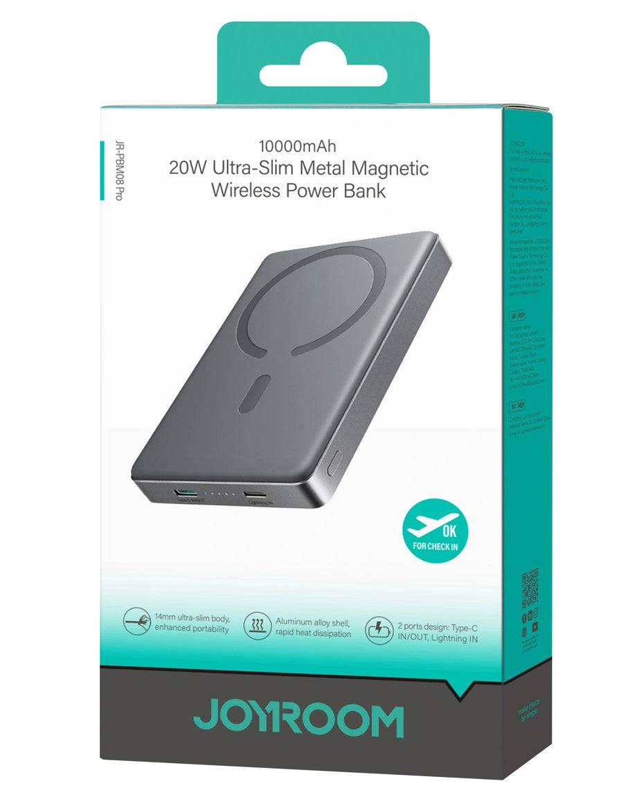 Bezprzewodowy powerbank Joyroom JR-PBM08 Pro, 10000mAh, 22,5W, PD + FQI, 1 x QI - 2 x USB-C, Szary