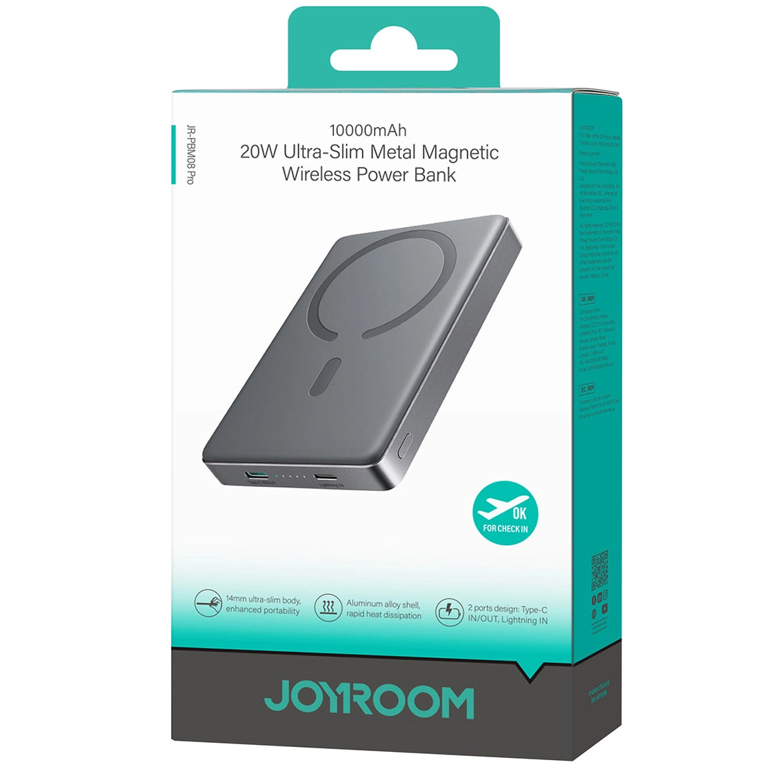 Zewnętrzna bateria bezprzewodowa Joyroom JR-PBM08 Pro, 10000mAh, 20W, PD + FQI, 1 x QI - 1 x USB-C, Szara