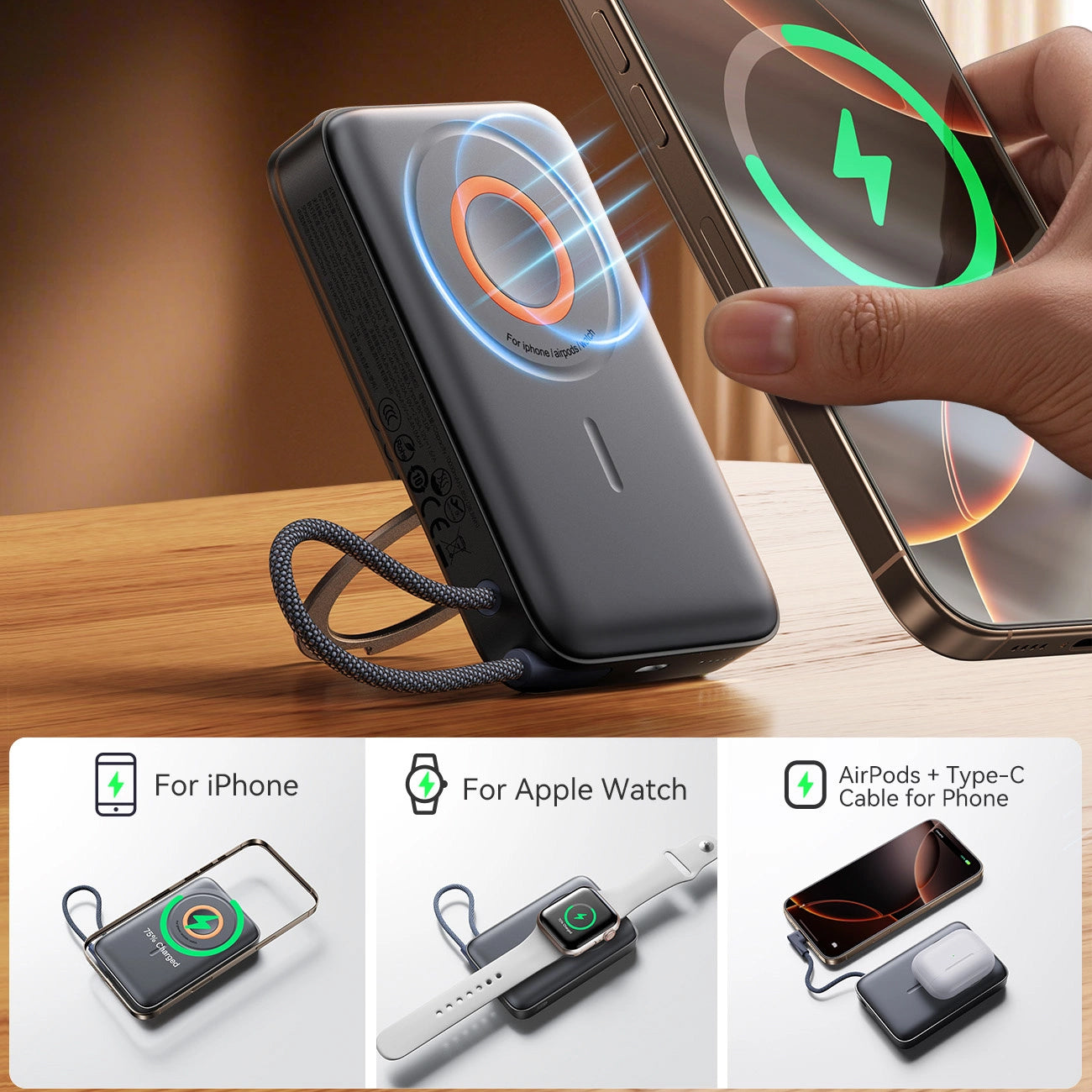 Joyroom JR-PBM02 Wireless External Battery, 10000mAh, 22.5W, PD + FQI, 1 x QI - 2 x USB-C, Black