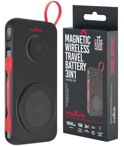 Zewnętrzna bateria bezprzewodowa MaXlife MXPB-08, 10000mAh, 22.5W, QC + PD + FQI + QI, 1 x USB-A - 1 x USB-C - 2 x QI, Czarna