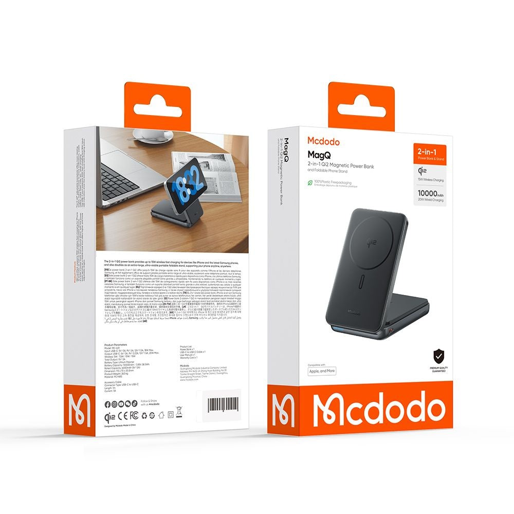 McDodo MC-6310 2in1 Wireless External Battery, 10000mAh, 20W, PD + FQI, 1 x USB-C, Black