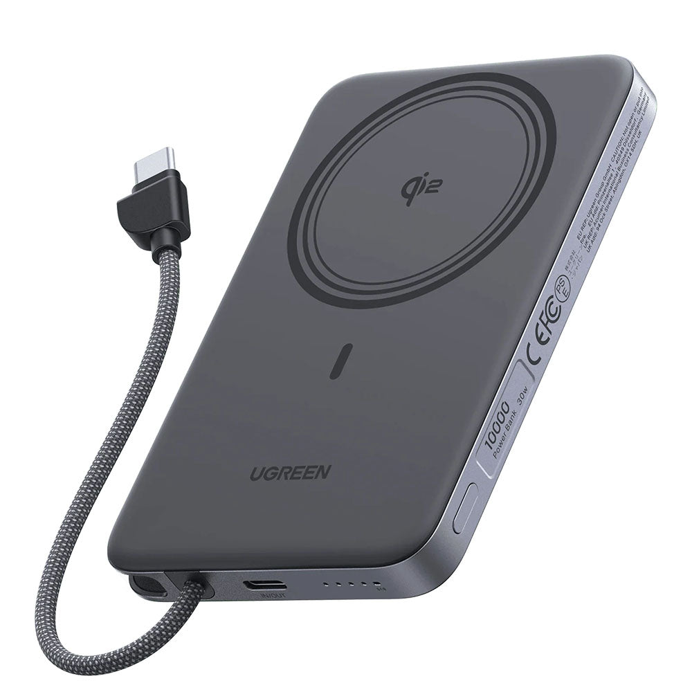 Bezprzewodowy powerbank UGREEN PB570 (75982B), 10000 mAh, 30 W, PD + FQI, 1 × Qi – 2 × USB-C, szary
