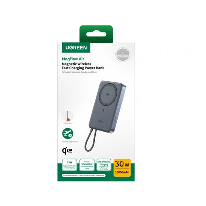 Bezprzewodowy powerbank UGREEN PB570 (75982B), 10000 mAh, 30 W, PD + FQI, 1 × Qi – 2 × USB-C, szary