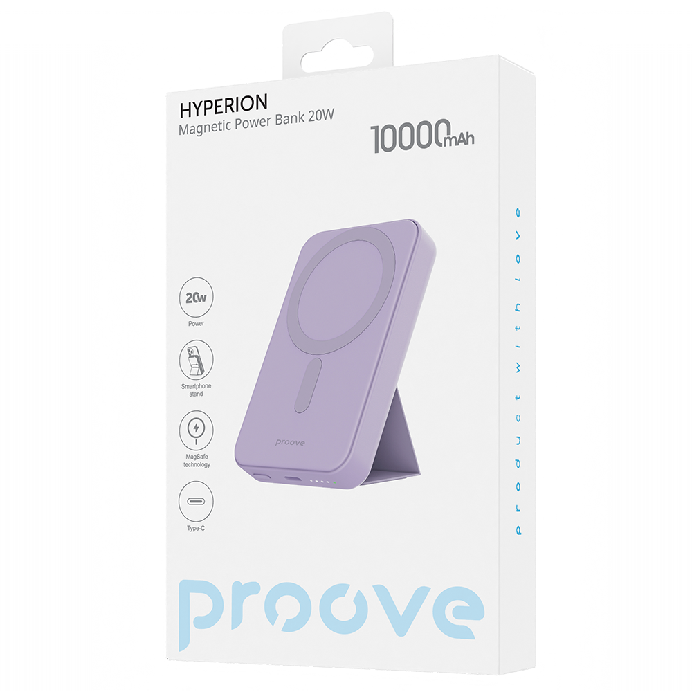 Zewnętrzna bateria bezprzewodowa Proove Hyperion, 10000mAh, 20W, PD + FQI, 1 x QI - 1 x USB-C, Fioletowa