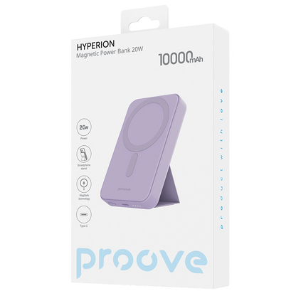 Zewnętrzna bateria bezprzewodowa Proove Hyperion, 10000mAh, 20W, PD + FQI, 1 x QI - 1 x USB-C, Fioletowa