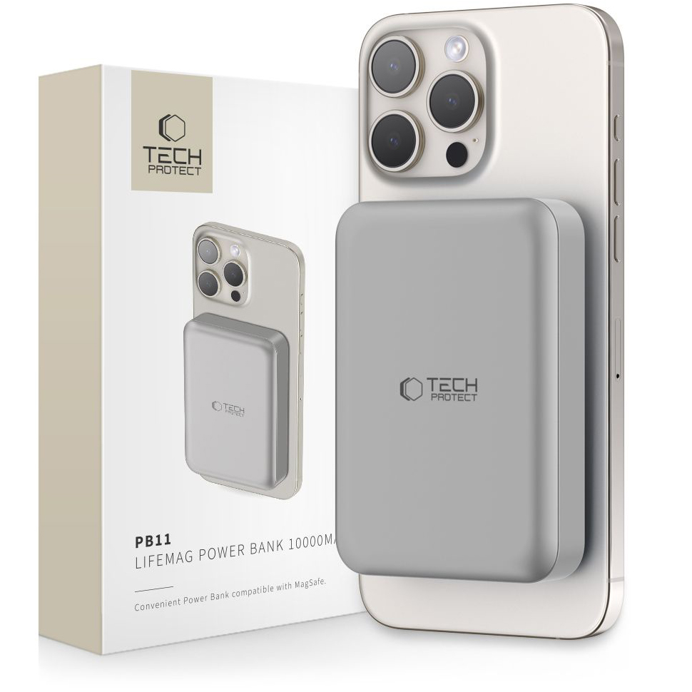Bezprzewodowy powerbank Tech-Protect PB11 LifeMag, 10000mAh, 15W, PD + FQI, 1 x QI - 1 x USB-C, Szary, Ponownie zapakowany
