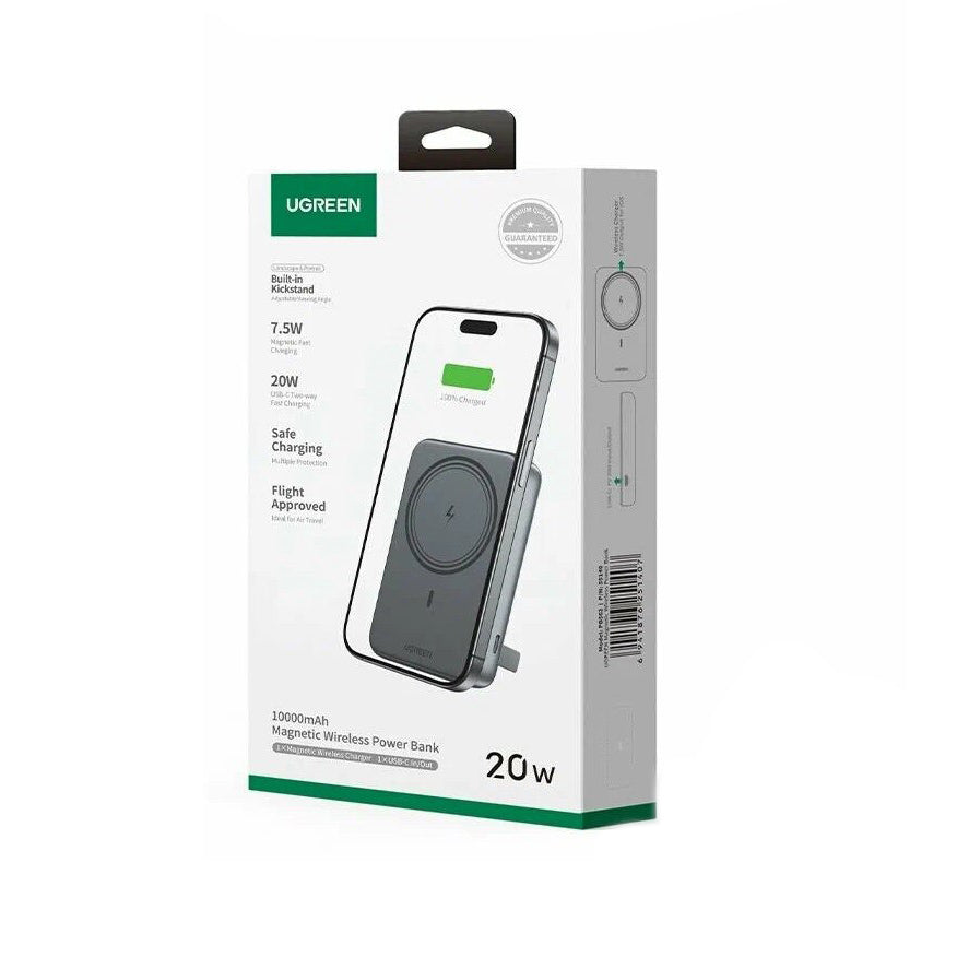 UGREEN PB562 Wireless External Battery, 10000mAh, 20W, PD + FQI, 1 x QI - 1 x USB-C, Black