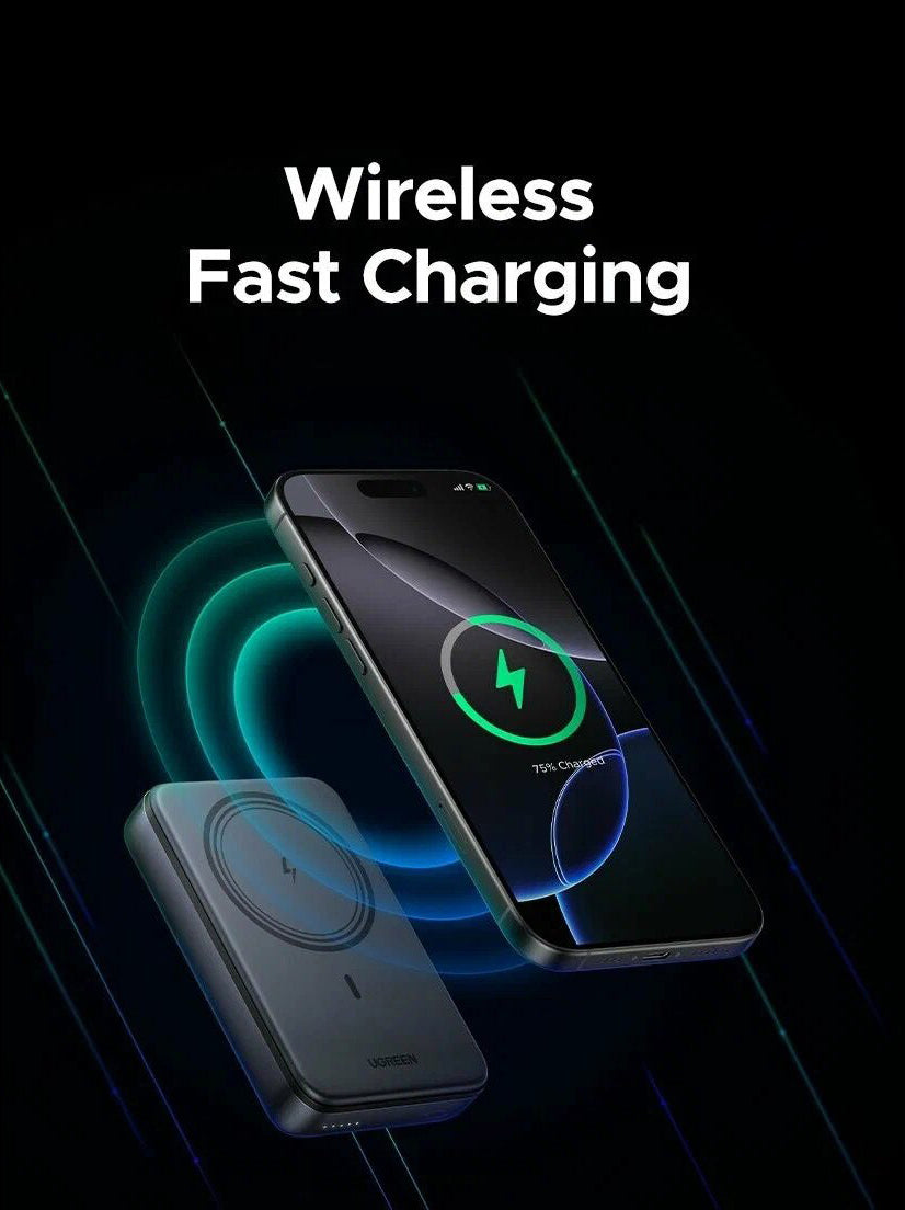 UGREEN PB562 Wireless External Battery, 10000mAh, 20W, PD + FQI, 1 x QI - 1 x USB-C, Black