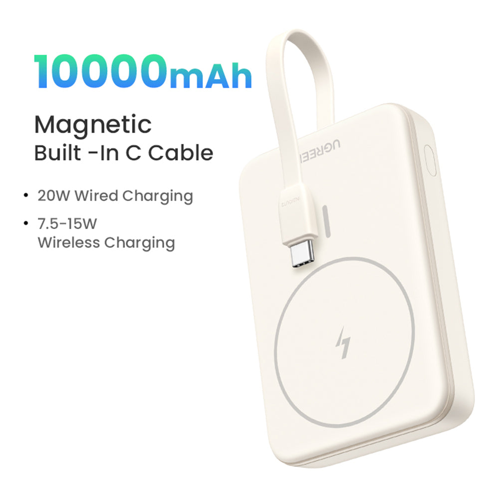 Zewnętrzna bateria bezprzewodowa UGREEN PB760, 10000mAh, 20W, PD + FQI, 1 x QI - 1 x USB-C, Beżowa