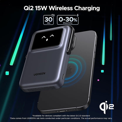 Zewnętrzna bateria bezprzewodowa UGREEN PB764 Uno, 10000mAh, 20W, PD + FQI, 1 x QI - 1 x USB-C, Szara