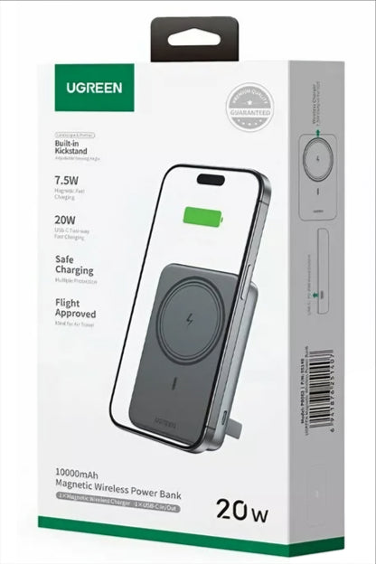 Zewnętrzna bateria bezprzewodowa UGREEN PB561, 10000mAh, 20W, PD + FQI, 1 x QI - 1 x USB-C, Czarna