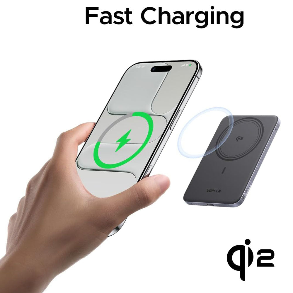 Bezprzewodowy powerbank UGREEN PB580 (75984B), 5000mAh, 15W, PD + FQI, 1 x QI - 1 x USB-C, Szary