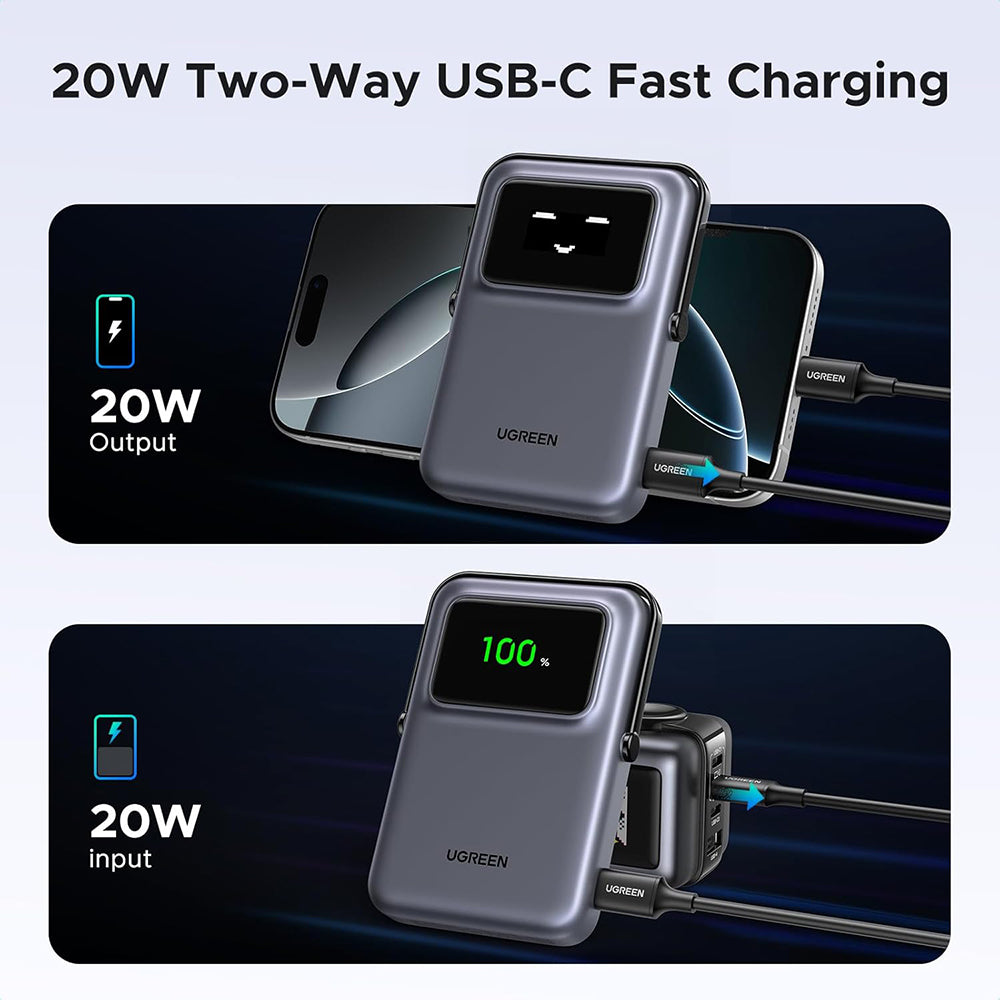 Zewnętrzna bateria bezprzewodowa UGREEN PB764 Uno, 10000mAh, 20W, PD + FQI, 1 x QI - 1 x USB-C, Szara