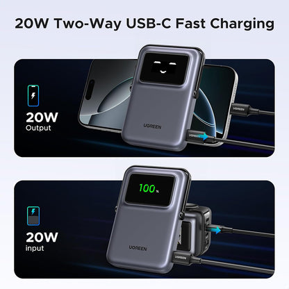 Zewnętrzna bateria bezprzewodowa UGREEN PB764 Uno, 10000mAh, 20W, PD + FQI, 1 x QI - 1 x USB-C, Szara