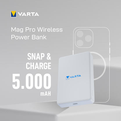 Zewnętrzna bateria bezprzewodowa Varta Mag Pro, 5000mAh, 12W, 1 x QI - 1 x USB-C, Biała