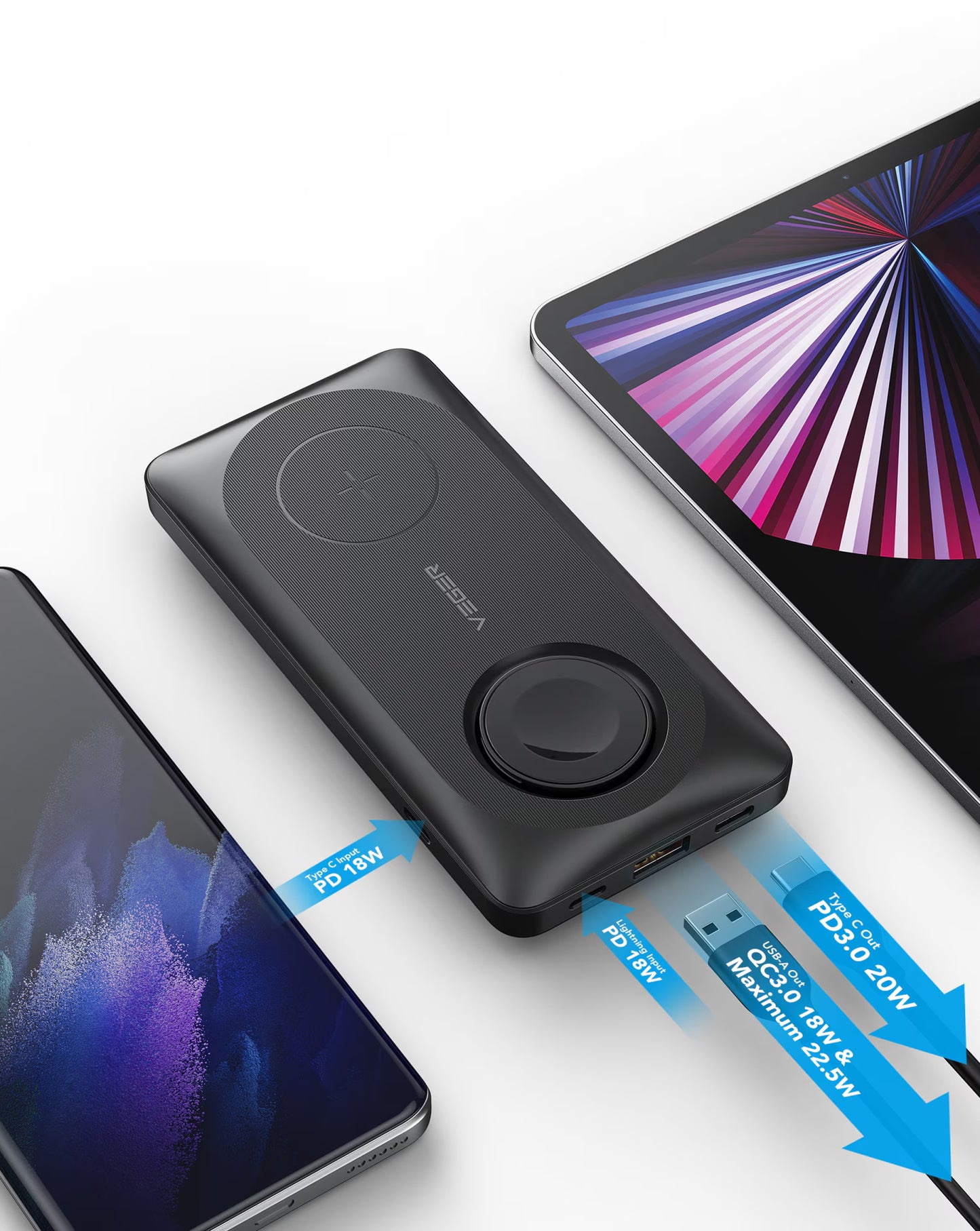 Zewnętrzna bateria bezprzewodowa Veger MagMulti W1156, 10000mAh, 22.5W, QC + PD + FQI, 2 x QI - 1 x USB-A - 1 x USB-C, Czarna