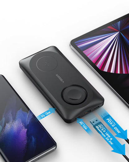 Zewnętrzna bateria bezprzewodowa Veger MagMulti W1156, 10000mAh, 22.5W, QC + PD + FQI, 2 x QI - 1 x USB-A - 1 x USB-C, Czarna