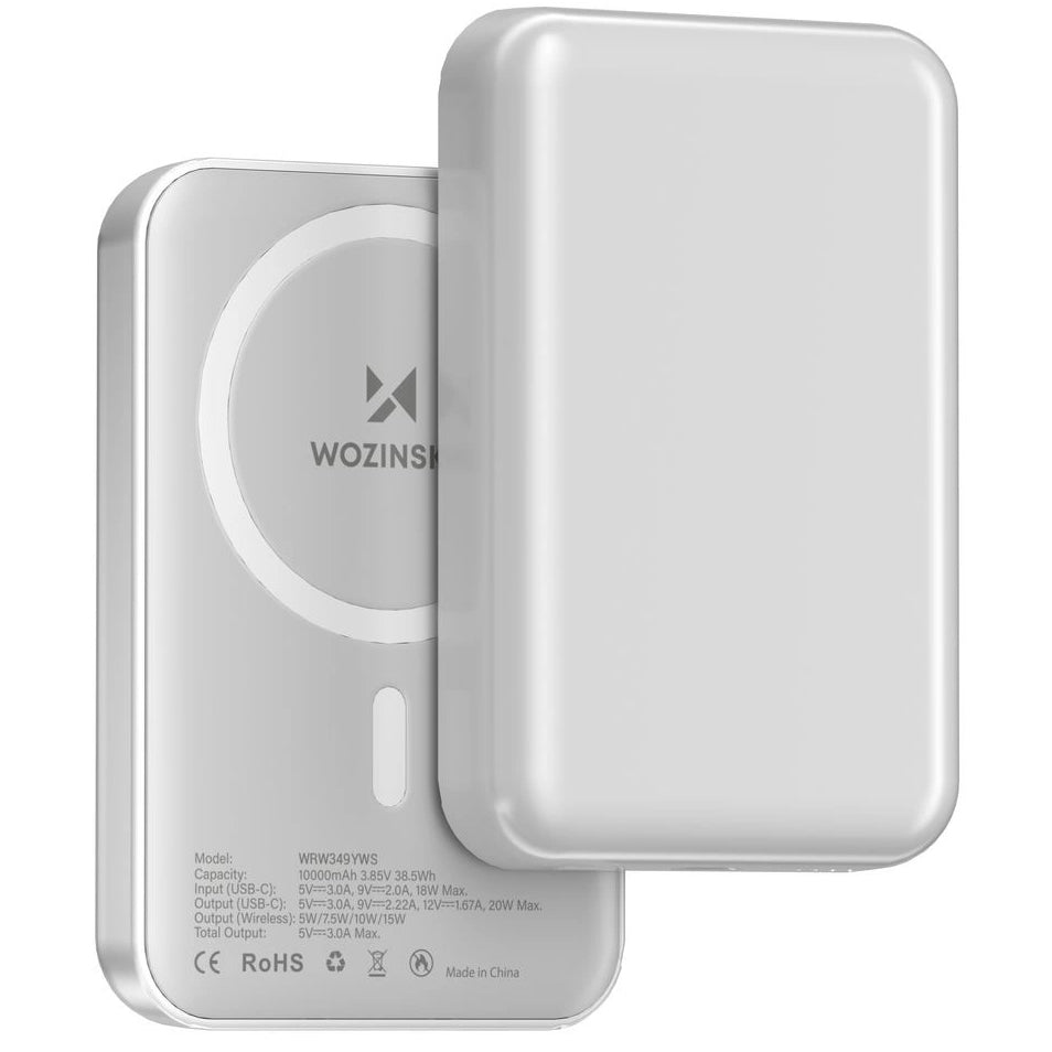 Zewnętrzna bateria bezprzewodowa WZK WRW349YWS, 10000mAh, 20W, PD + FQI, 1 x QI - 1 x USB-C, Biała