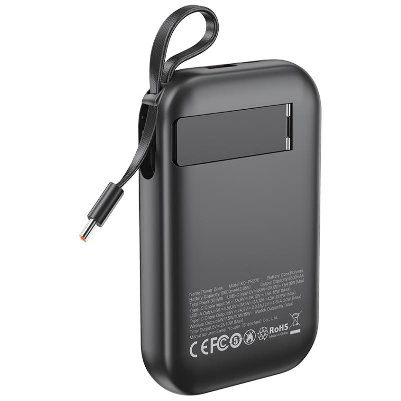 XO Design PR270 Wireless External Battery, 10000mAh, 22.5W, QC + PD + QI, 1 x QI - 1 x USB-A - 1 x USB-C, Black