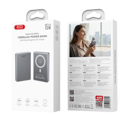 Bezprzewodowy powerbank XO Design PR294, 10000mAh, 20W, PD + FQI, 1 x QI - 1 x USB-C, Szary