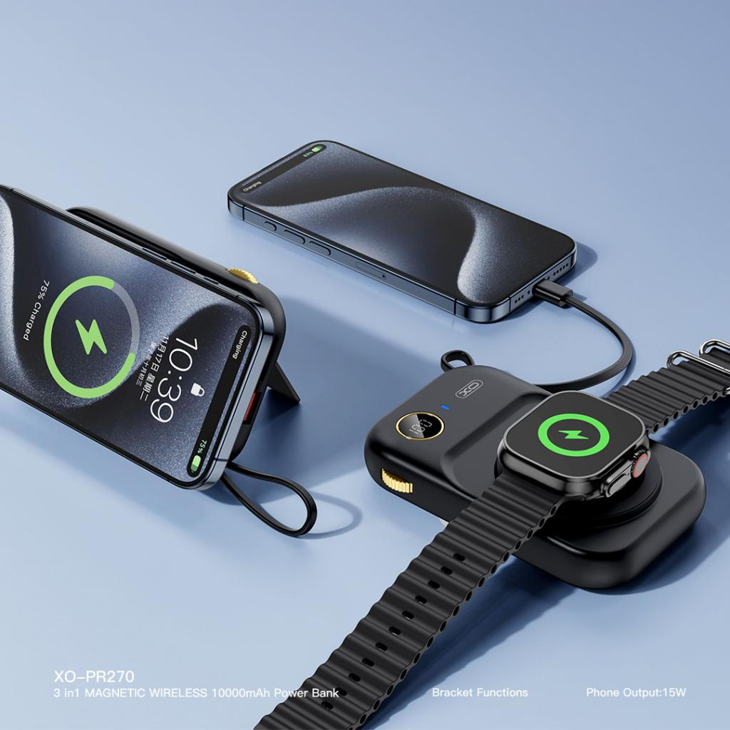 XO Design PR270 Wireless External Battery, 10000mAh, 22.5W, QC + PD + QI, 1 x QI - 1 x USB-A - 1 x USB-C, Black