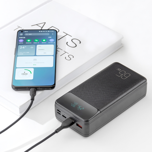 Zewnętrzna bateria XO Design PR201, 30000mAh, 65W, QC + PD, 1 x USB-C - 2 x USB-A, Czarna