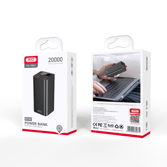Zewnętrzna bateria XO Design PB97, 20000mAh, 65W, QC + PD, 2 x USB-A - 2 x USB-C, Czarna