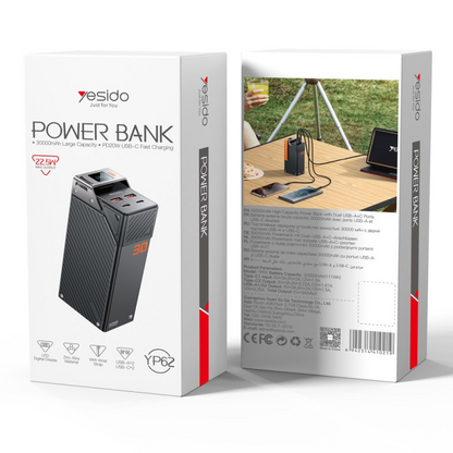 Powerbank Yesido YP62, 30000mAh, 22.5W, QC + PD, 2 x USB-A - 2 x USB-C, Czarny