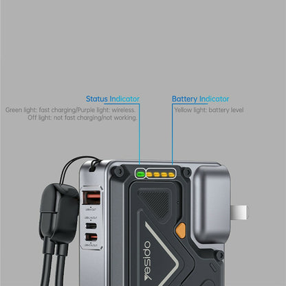 Zewnętrzna bateria Yesido YP89, 10000mAh, 22.5W, QC + PD + FQI, 1 x Lightning - 1 x QI - 1 x USB-A - 1 x USB-C, Szara