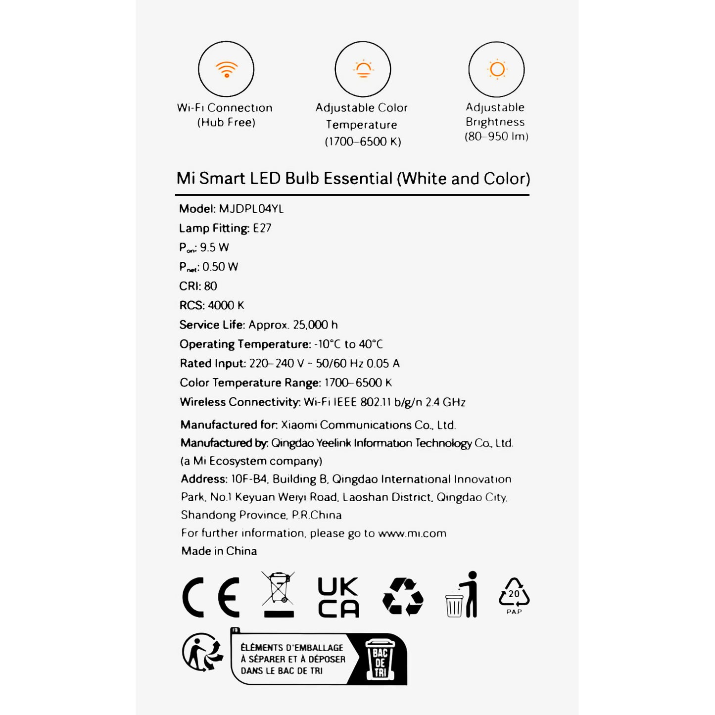 Żarówka LED Xiaomi Essential, Wi-Fi, E27, 9W, 1700K - 6500K, 950lm BHR5743EU BHR5743EU 