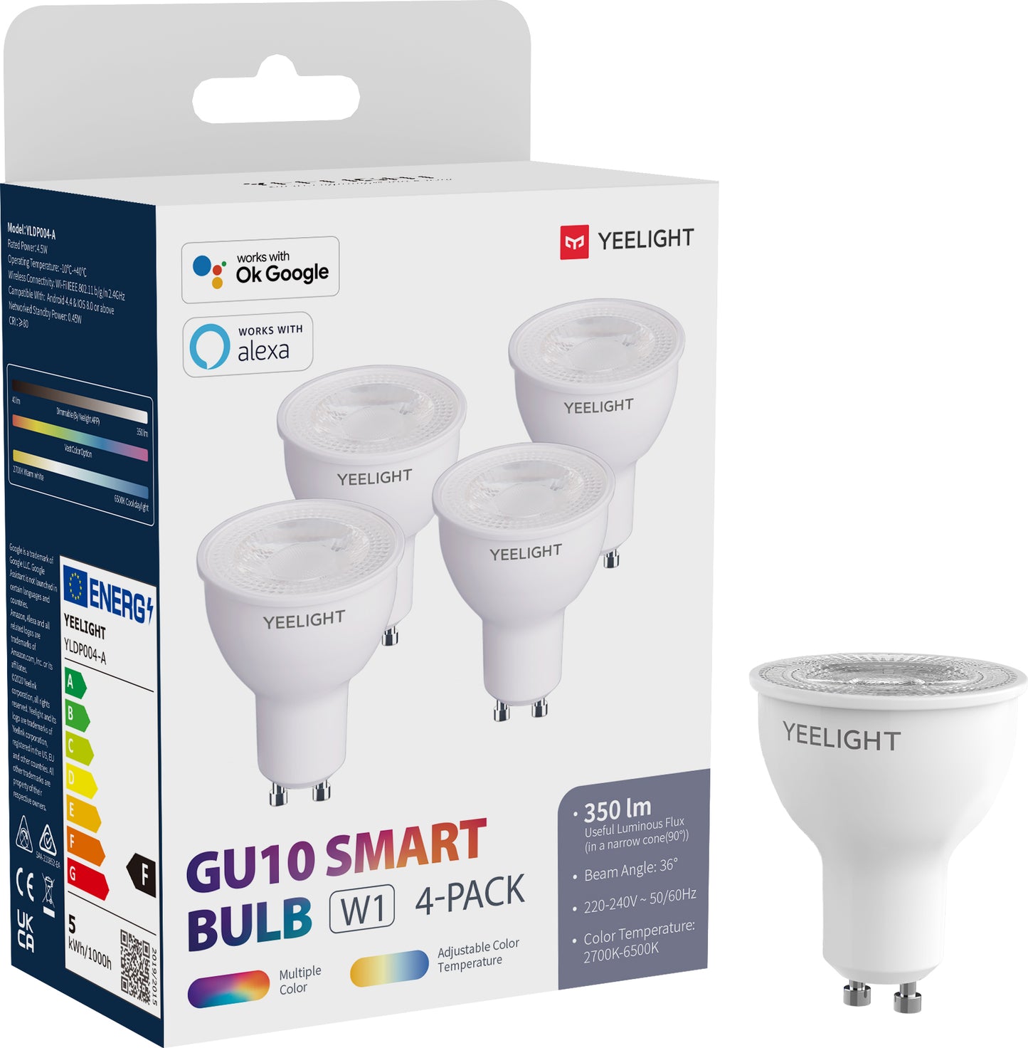 Żarówka LED Yeelight W1, Wi-Fi, GU10, 4.5W, 2700K - 6500K, 350lm, Zestaw 4 sztuki, Wielokolorowa YLDP004-A