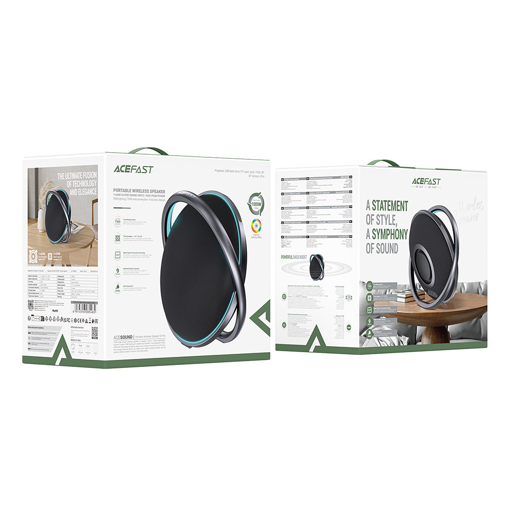 Głośnik Bluetooth Acefast K5 Pro, 100W, RGB, Wodoodporny, Czarny