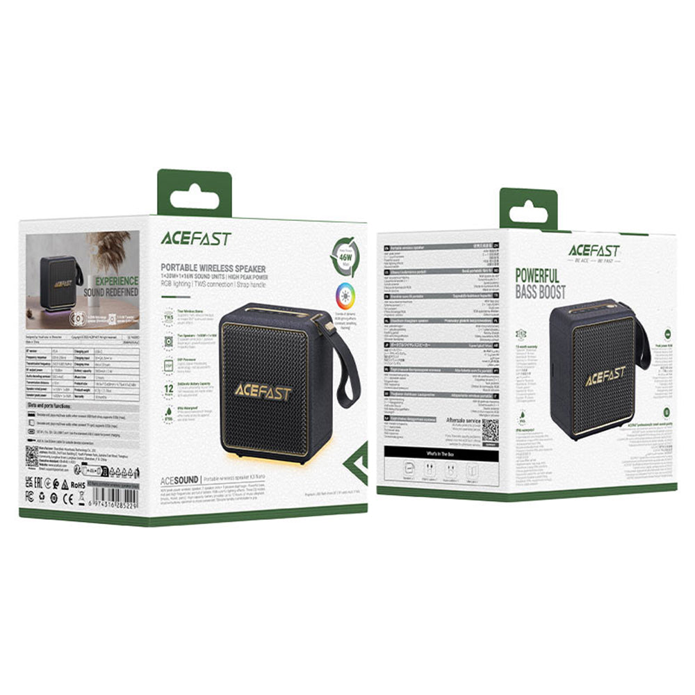 Acefast K3 Nano Portable Bluetooth Speaker, 1 x 30W - 1 x 16W, RGB, Waterproof, Black