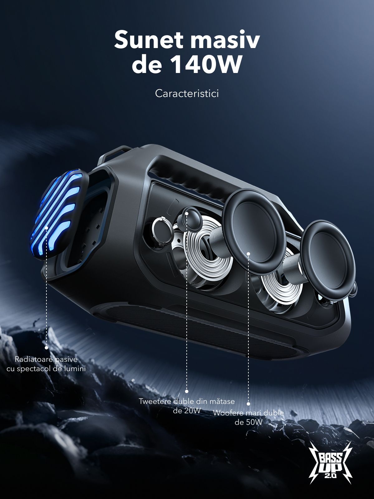 Przenośny głośnik Bluetooth Anker SoundCore Boom 2 Plus Nowa Wersja, 140W, TWS, RGB, Wodoodporny, Czarny A3134012