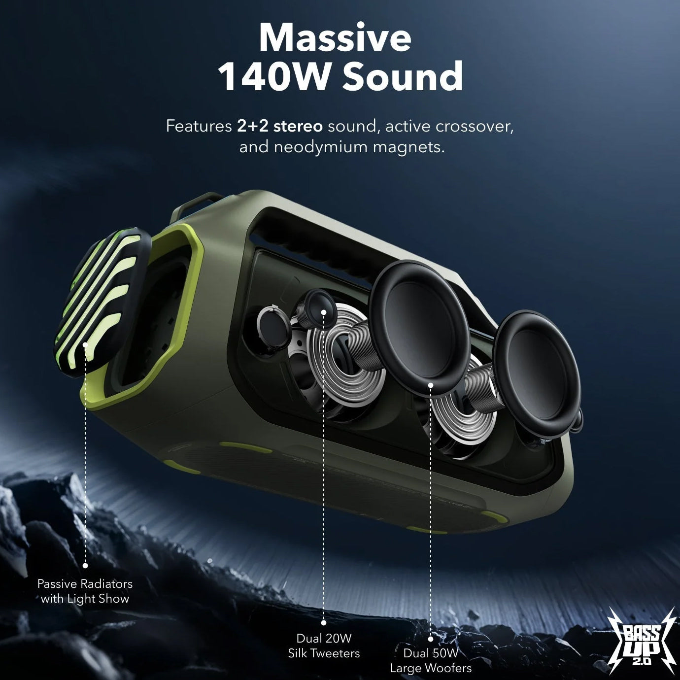 Przenośny głośnik Bluetooth Anker Soundcore Boom 2 Plus, 140W, RGB, wodoodporny, zielony A3134061 