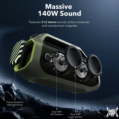Anker SoundCore Boom 2 Plus Portable Bluetooth Speaker, 140W, TWS, RGB, Waterproof, Green A3134061