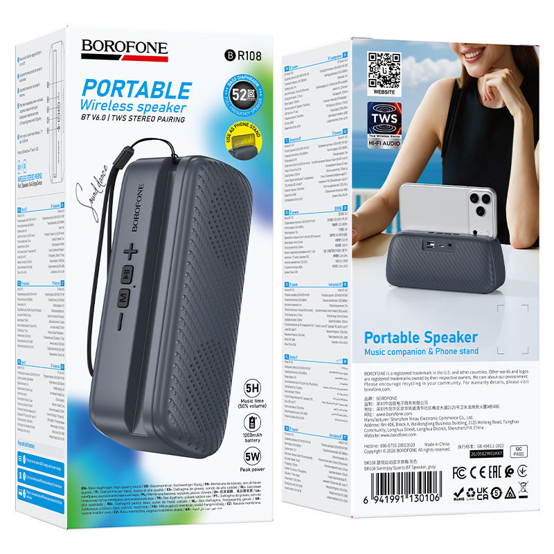 Przenośny głośnik Bluetooth Borofone BR108 Serenjoy, 5 W, TWS, szary