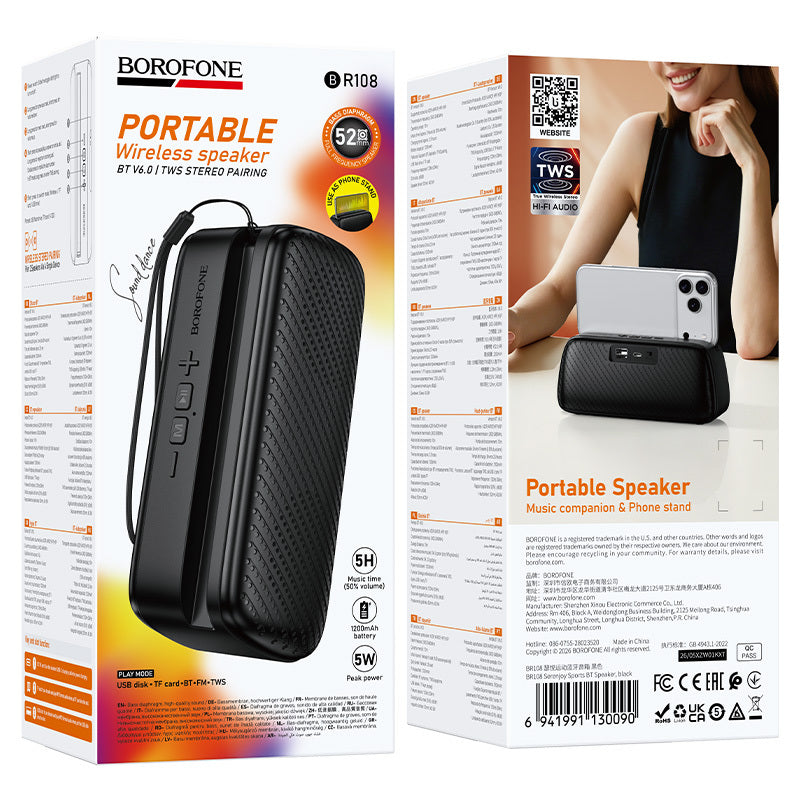 Przenośny głośnik Bluetooth Borofone BR108 Serenjoy, 5 W, TWS, czarny