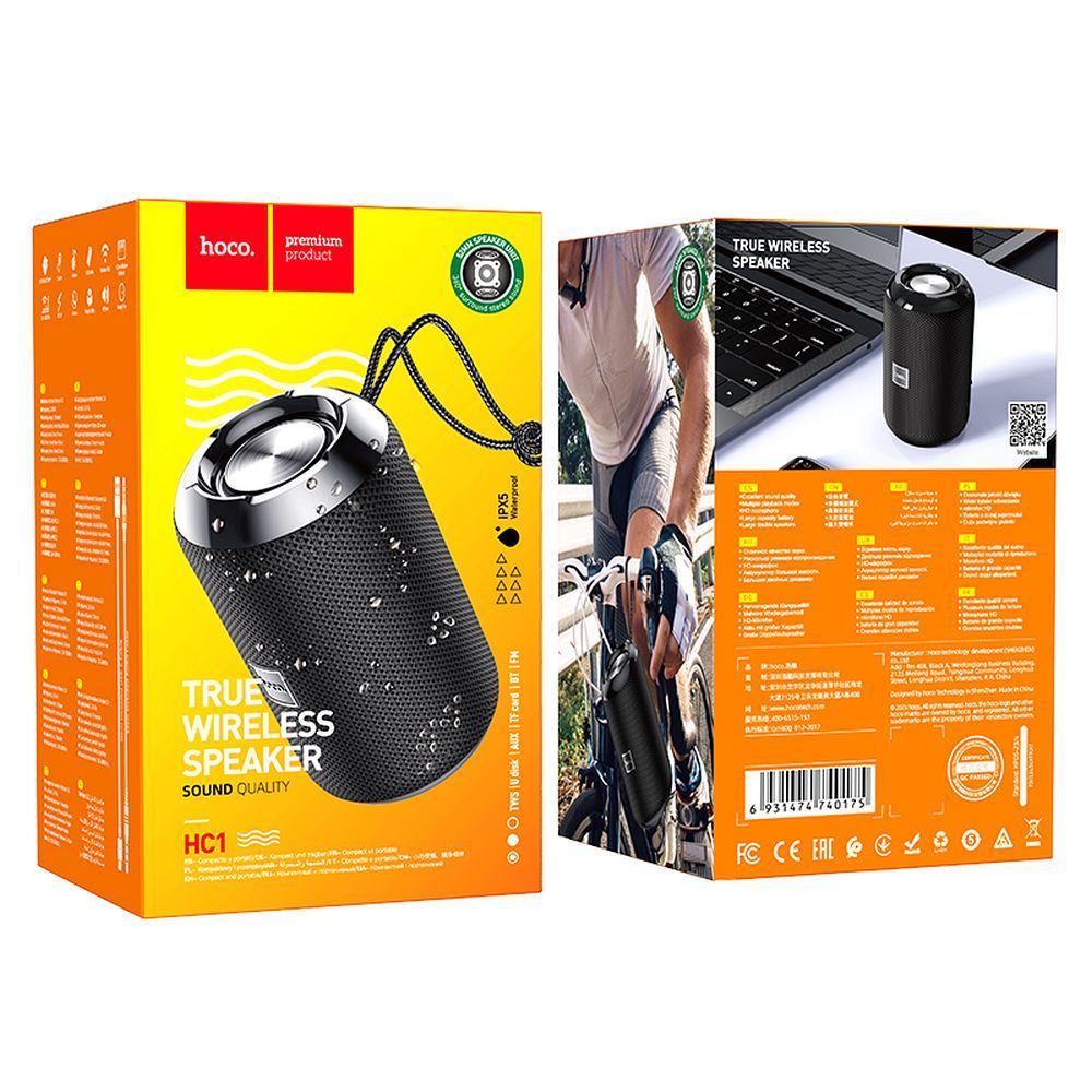 Przenośny głośnik Bluetooth HOCO HC1, 5W, TWS, Wodoodporny, Czarny