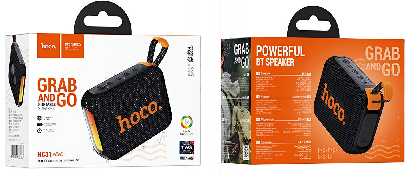 HOCO HC31 Portable Bluetooth Speaker, 10W, TWS, RGB, Waterproof, Black