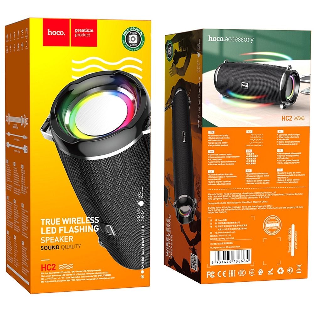 Przenośny głośnik Bluetooth HOCO HC2, 2 x 5W, TWS, RGB, Czarny