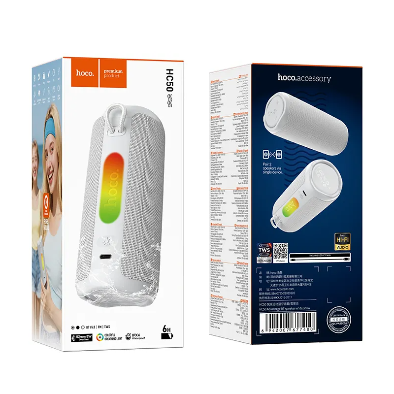 Przenośny głośnik Bluetooth HOCO HC50, 8W, TWS, RGB, Wodoodporny, Biały