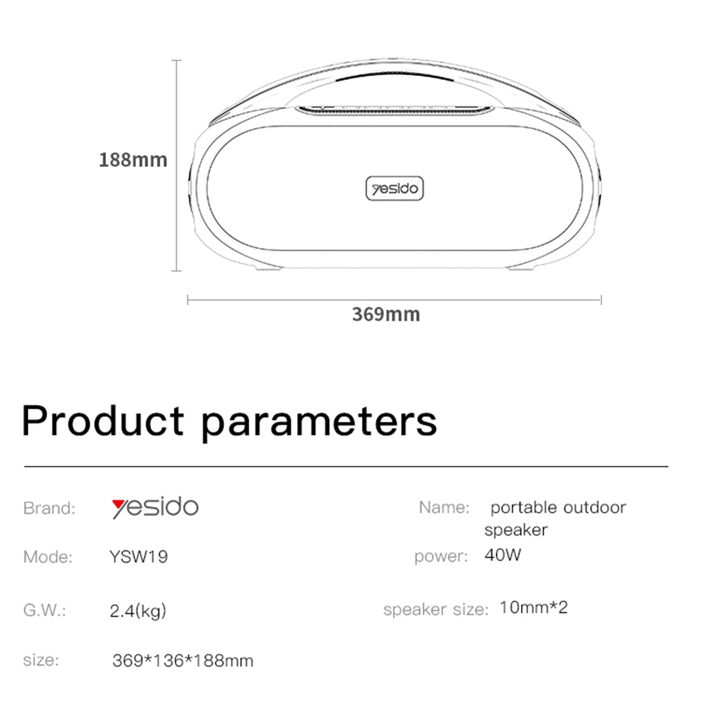 Przenośny głośnik Bluetooth Yesido YSW19, 40W, RGB, Wodoodporny, Czarny