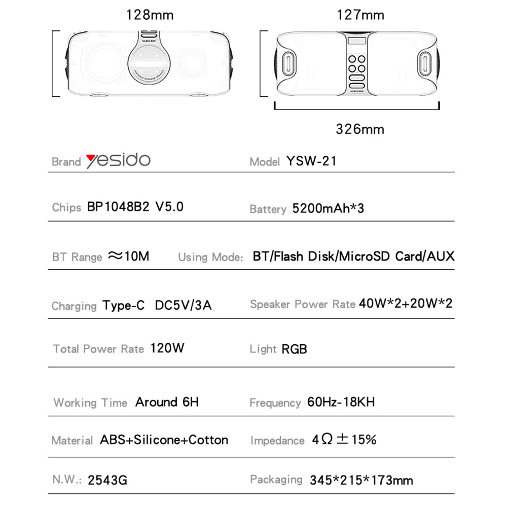 Głośnik Bluetooth Yesido YSW21 Karaoke, 120W, RGB, Wodoodporny, Czarny